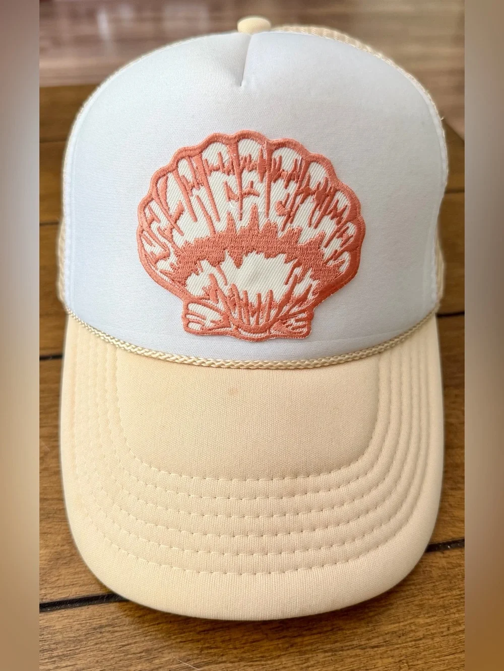 Seashell Embroidered Trucker Hat in Peach and White
